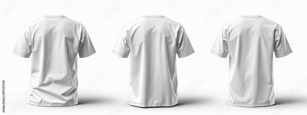 Set of white tee t shirt round neck front, back and side view on transparent background cutout, PNG file. Mockup template for artwork graphic design. 3D rendering Set of white tee t shirt round neck front, back and side view on transparent background cutout, PNG file. Mockup template for artwork graphic design. 3D rendering