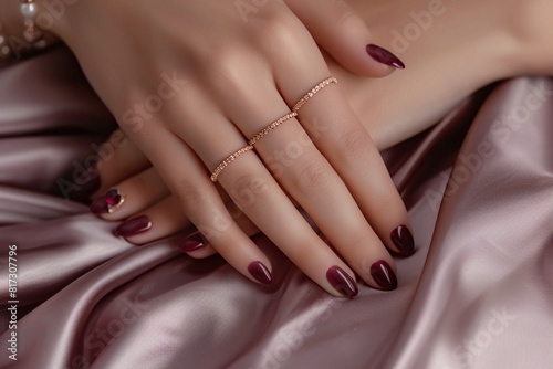 Elegant Hands with Dark Burgundy Nail Polish and Gold Rings on Silk Fabric, Stylish and Sophisticated, Perfect for Fashion and Beauty Photography