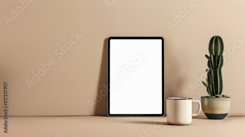 Mockup empty, blank ipad pro screen with 4:3 ratio, sitting beside cactus, coffee cup on the table, minimalist, on a beige desk, ultra realistic