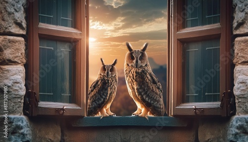 two owls standing on a medieval window photo