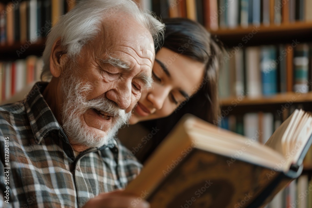 An older man with white hair, partially obscured, intently reading a large book with bookshelves in the background An older man with white hair, partially obscured, intently reading a large book with bookshelves in the background