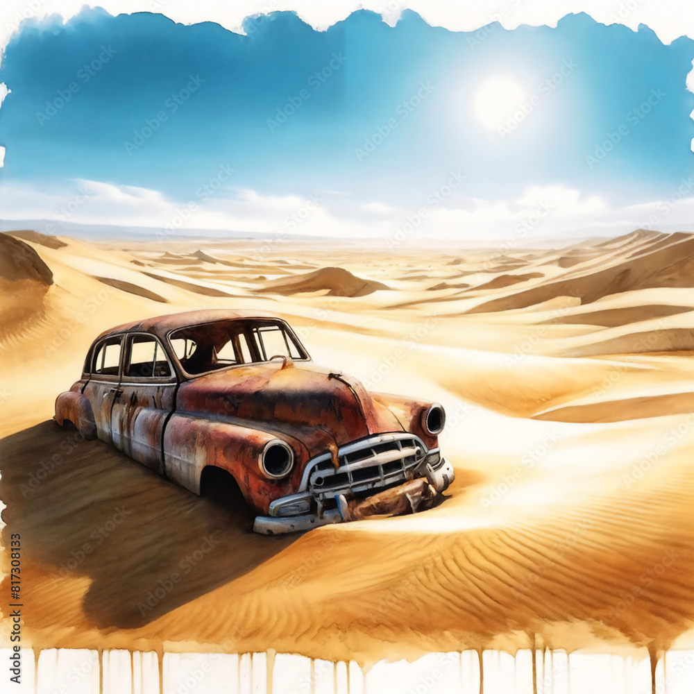 Rendition Stock _ Watercolor Illustration #0000212A _ Desert Wreck Vintage Car Buried in Sand Dunes, Watercolor Scene