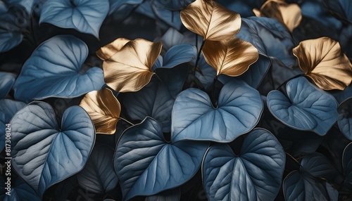 beautiful minimalistic plant nature wallpaper background of blue grey and gold dainty flowers and leaves generative ai photo