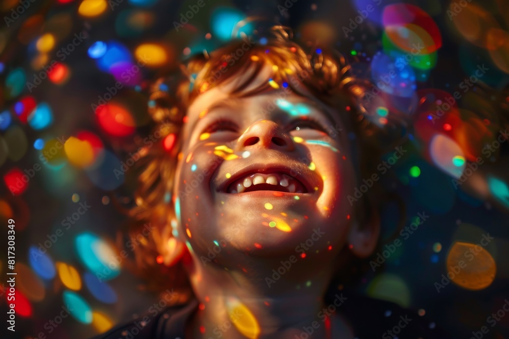 A person with their face blurred stands surrounded by vivid bokeh lights creating a festive atmosphere