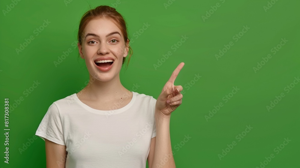 Portrait of beautiful young European woman in white t-shirt pointing her finger up on a green background, template for advertising or promotion, with copy space for text Portrait of beautiful young European woman in white t-shirt pointing her finger up on a green background, template for advertising or promotion, with copy space for text