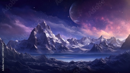 Beautiful mountain range under a star-filled night sky. Digital artwork of cosmic landscape surrounded with starry night. Adventure and exploration concept for wallpaper and design concept. AIG35.