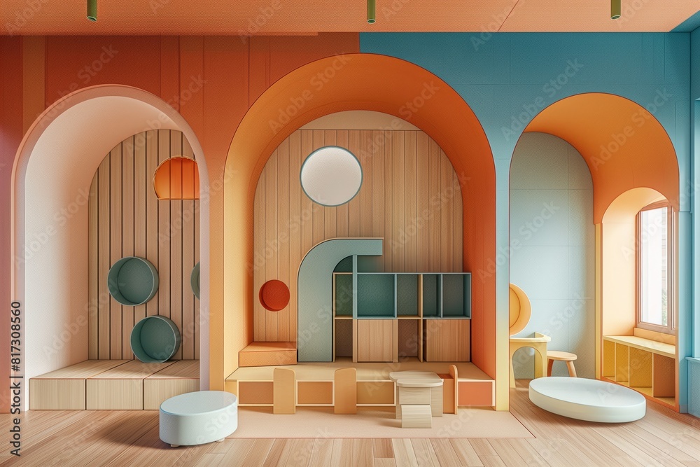 Minimalistic kindergaten interior background in warm tender pastel ...