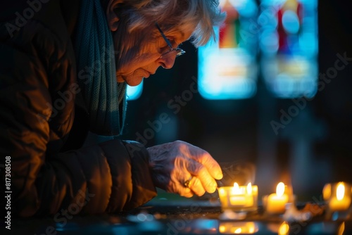Image depicts a person with obscured face lighting votive candles at night, with blurred bokeh lights in the background
