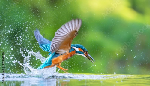 common kingfisher alcedo atthis flying away after diving for fish in the forest in the netherlands photo
