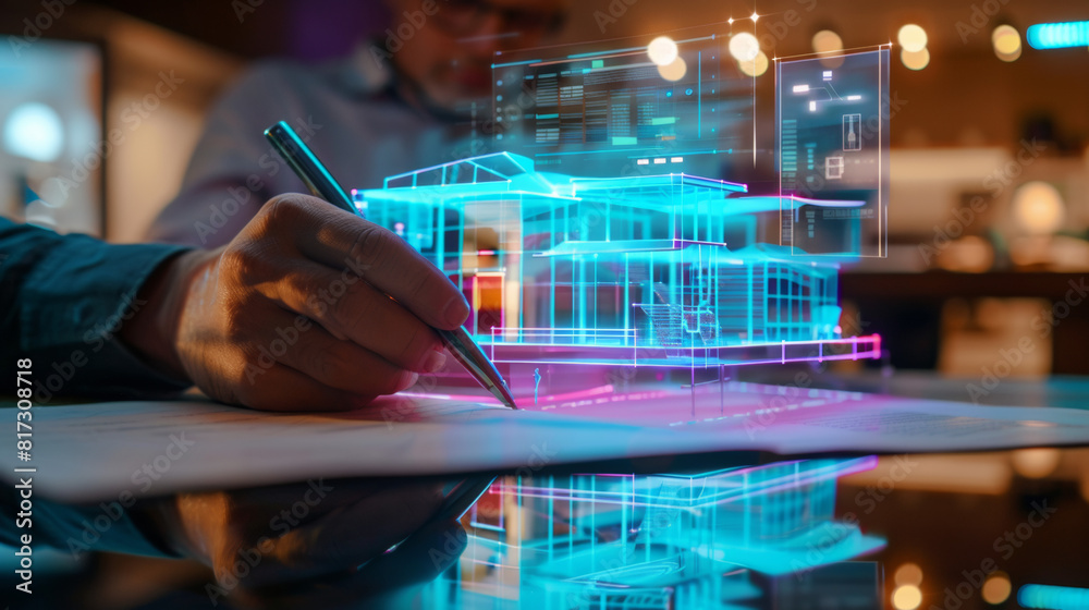 Concept holo 3d render model of a small living house on a table in a real estate agency. signing mortgage contract document and demonstrating. futuristic business. blurry background.