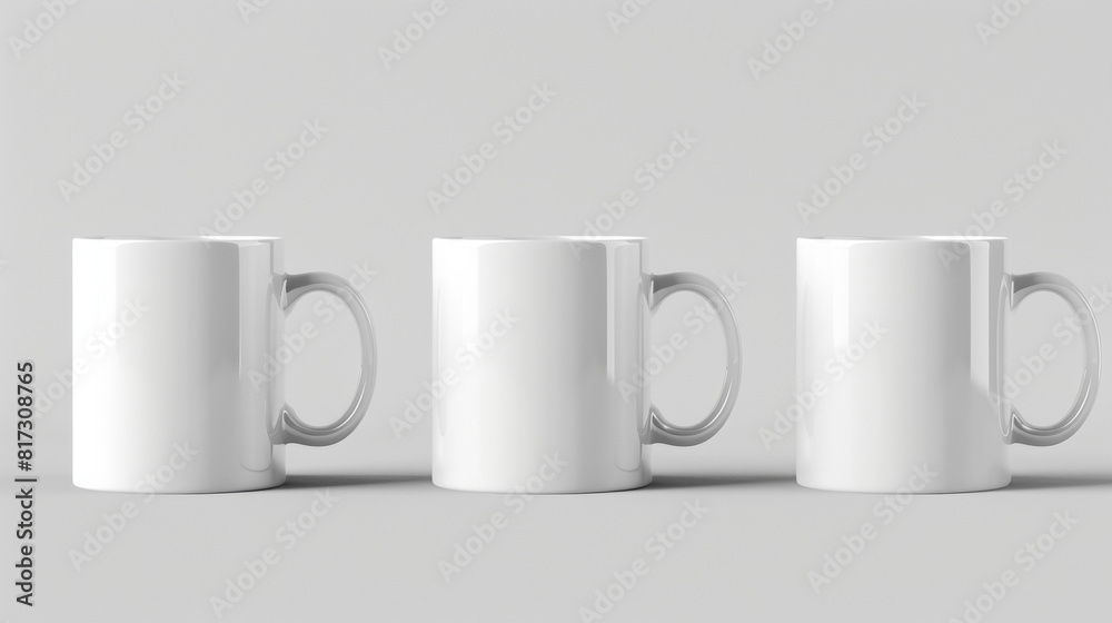 3 white mug mockup next to each other, two from side, one from front 3 white mug mockup next to each other, two from side, one from front