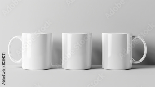 3 white mug mockup next to each other, two from side, one from front