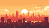 Sunset in the city. Cityscape silhouette sunrise ve