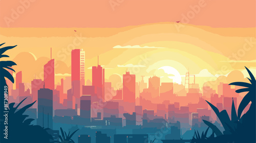 Sunset in the city. Cityscape silhouette sunrise ve