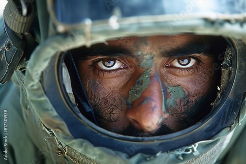 The image displays a close-up of a military pilot's helmet, showcasing the attention to the details of the protective gear photo