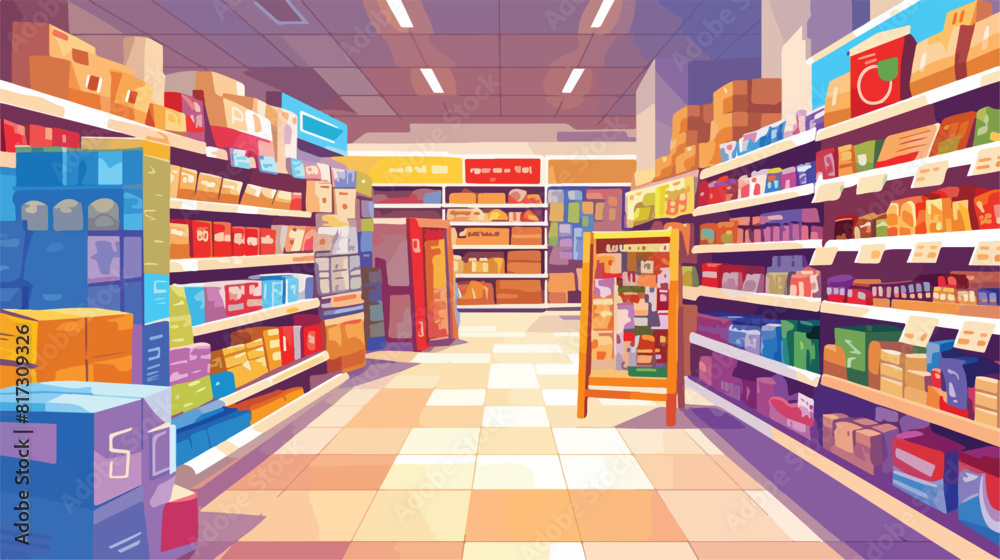 Supermarket interior hand drawn colorful illustrati