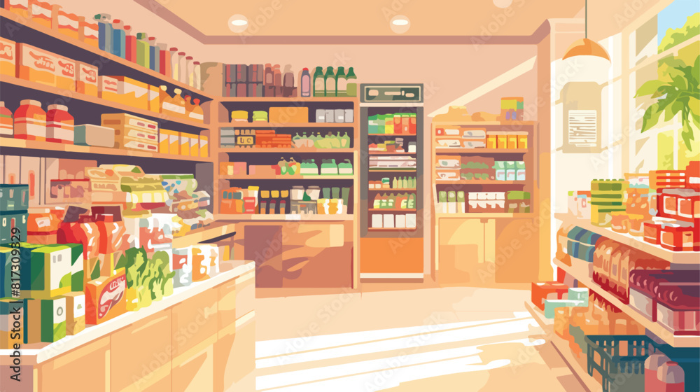 Supermarket interior hand drawn colorful illustrati