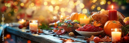 A bountiful Thanksgiving spread on a rustic table with lit candles  adding warmth to the holiday atmosphere