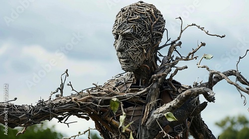 Human sculpture made of tree branches, 16:9 photo