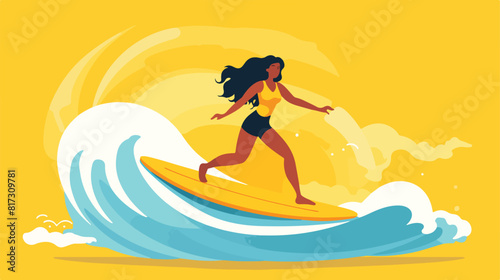 Surfer woman cartoon character carrying surfboard a © visual
