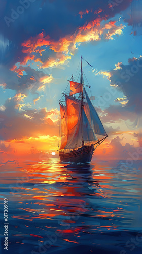 Capture a serene seascape painted in the style of Impressionism, with soft, blurred brushstrokes depicting a distant ship sailing into the sunset on calm waters photo