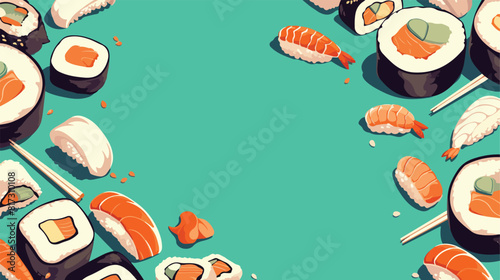 Sushi banner with rolls pattern on green background
