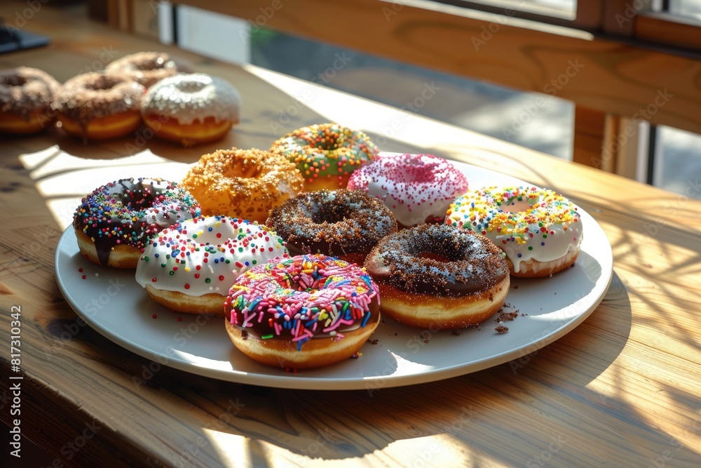 Sprinkled baked donuts on white plate on the table by the window Sprinkled baked donuts on white plate on the table by the window