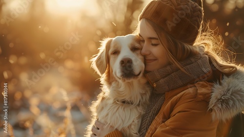 Joyful Connection: Woman and Dog Expressing Love and Friendship in the Evening Light