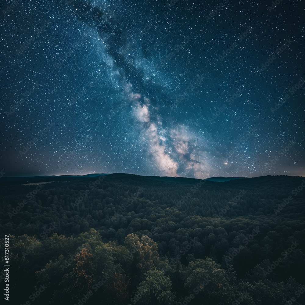 AI generated illustration of an aerial shot of a clear starry night sky above a secluded forest