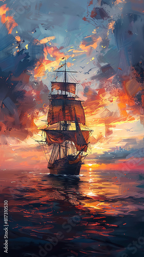 Capture a serene seascape painted in the style of Impressionism, with soft, blurred brushstrokes depicting a distant ship sailing into the sunset on calm waters