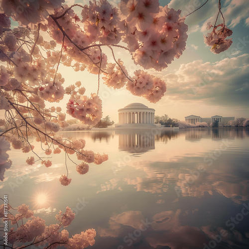 AI generated illustration of cherry blossoms in full bloom around Tidal Basin in Washington, D.C