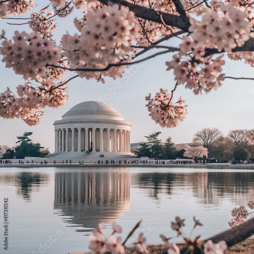 AI generated illustration of cherry blossoms in full bloom around Tidal Basin in Washington, D.C