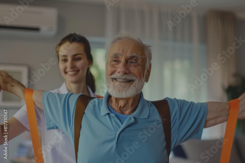 An elder smiles as he performs stretching exercises with the help of a friendly nurse  promoting his physical well-being