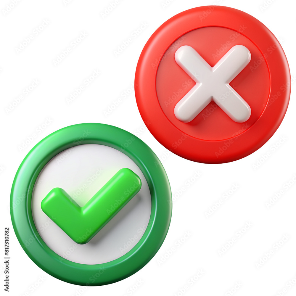 3D red cancel icon and green approval tick in a white circle located at a distance from each other 3D red cancel icon and green approval tick in a white circle located at a distance from each other