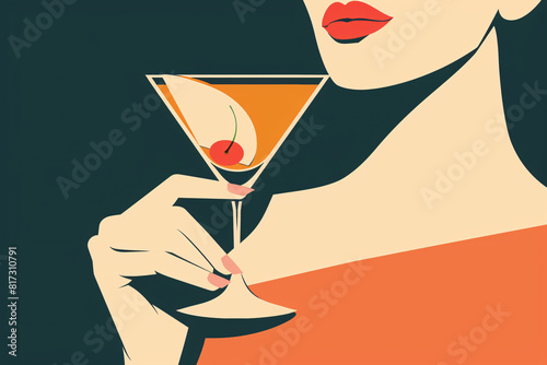 Stylish woman with an updo hairstyle, red lips, and a hairpin, sipping a martini in a vibrant, artistic setting