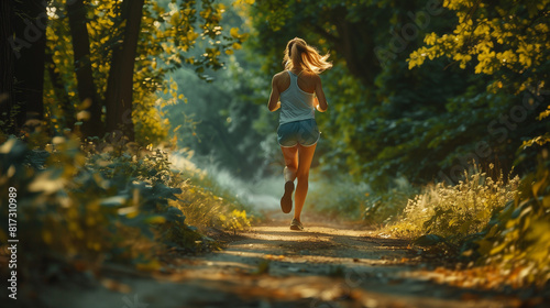 Handsome young woman jogging in forest on summer evening at sunset. Generative AI