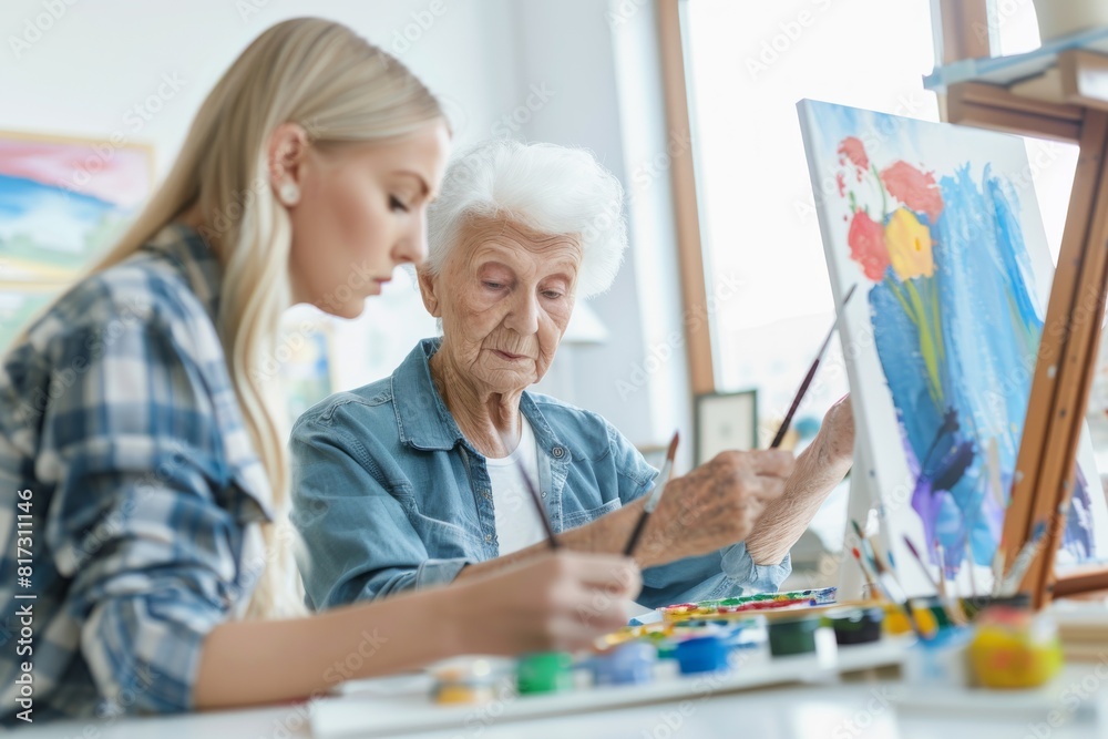 A senior woman instructs a young woman in painting, fostering creativity and artistic skills in a bright workshop A senior woman instructs a young woman in painting, fostering creativity and artistic skills in a bright workshop