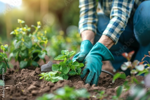 Close-up of hands wearing green gloves planting a small plant in rich soil  with sunlight beaming down