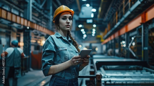 A woman in a hard hat with a tablet stands near a conveyor belt in a factory, female profession, banner