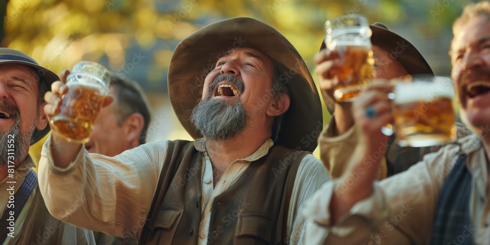 A group of men with obscured faces raise their beer glasses in a toast, with blurred autumn foliage in the background A group of men with obscured faces raise their beer glasses in a toast, with blurred autumn foliage in the background