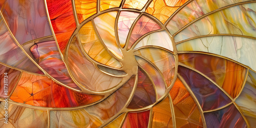 Stained glass surfaces with golden lines in warm nautilus shell tones.