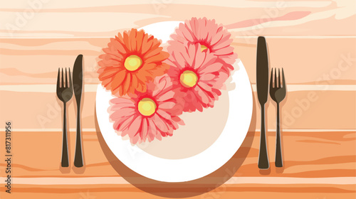 Table setting with beautiful gerbera flowers on whi