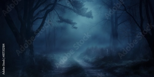 An eerie and atmospheric night scene featuring a misty forest road surrounded by dark trees conveying a spooky ambiance