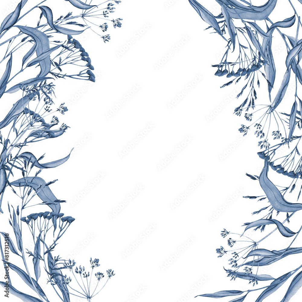 Monochrome blue frame with meadow leaves and tansy, flowers and wild dry grass on a transparent background. Banner with herbs. Clip art vintage card forest wildlife plants for the design of stationery Monochrome blue frame with meadow leaves and tansy, flowers and wild dry grass on a transparent background. Banner with herbs. Clip art vintage card forest wildlife plants for the design of stationery