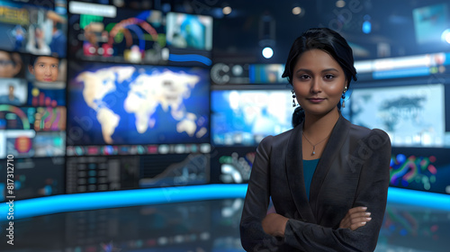 Focused News Anchor Presenting Local West Bengal News in a Well-Equipped TV Studio photo