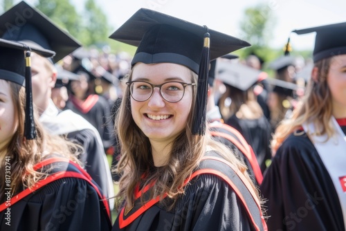group of graduate caucasian female student in crowd in glasses at college, university or high school graduation, wearing mortarboards caps and gowns, smiling and being happy