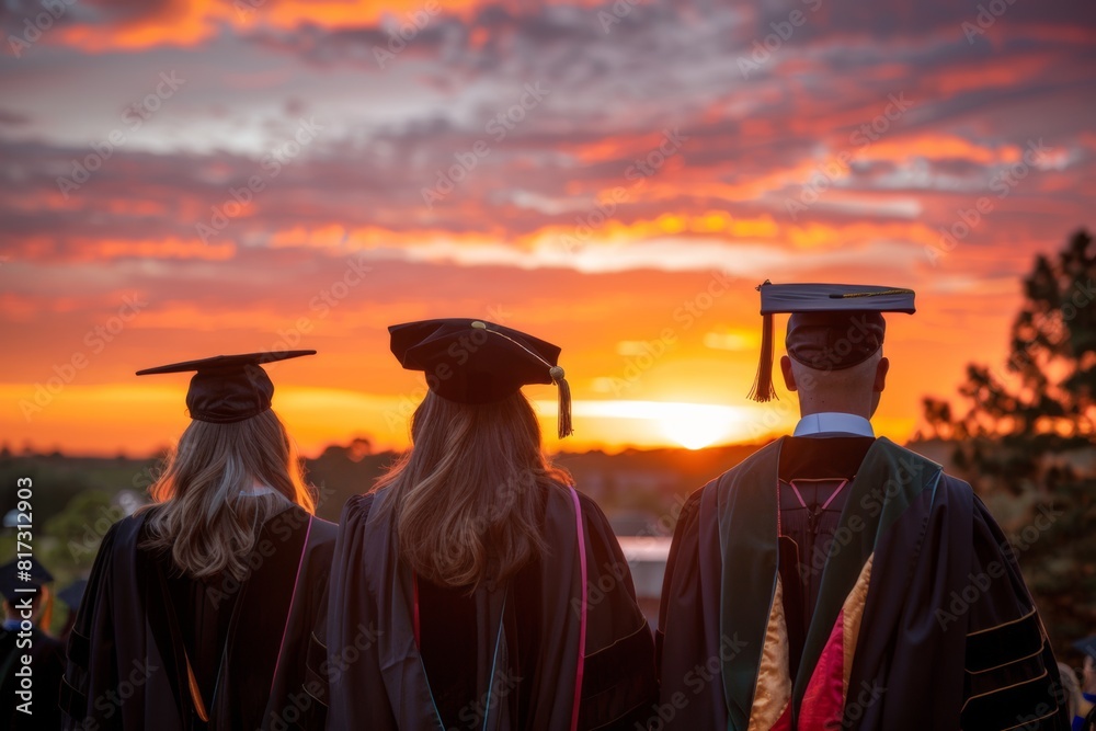 graduate students wearing graduation gowns and caps at sunrise or sunset, view from behind