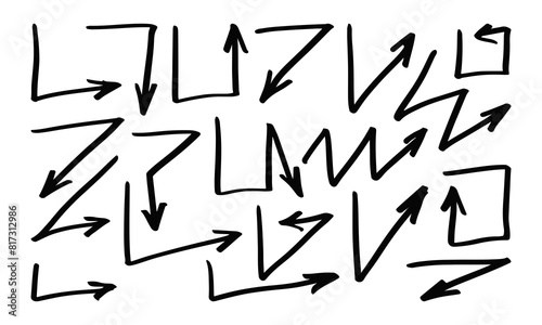 Nineteen broken handwritten arrows of various configurations. Set of vector doodles and squiggles