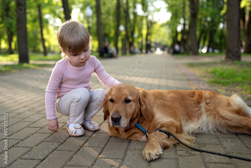 Child with dog. Child strokes Labrador Retriever dog on head in park. Animal care.