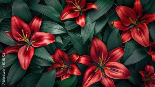 Background of green leaves and red lily flowers. Juicy bright foliage.The texture of large leaves and buds. Beauty is in nature.